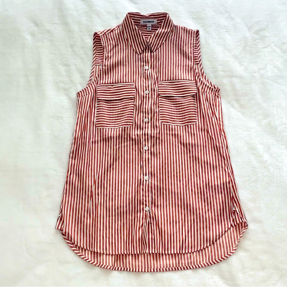 EXPRESS Sleeveless Button Down The City Shirt Red Striped Womens Size XS